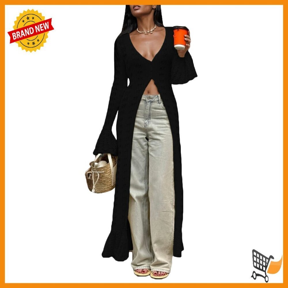 Long Crochet Cardigan Bell Sleeve Ruffle Knit Duster Sweater Coverup